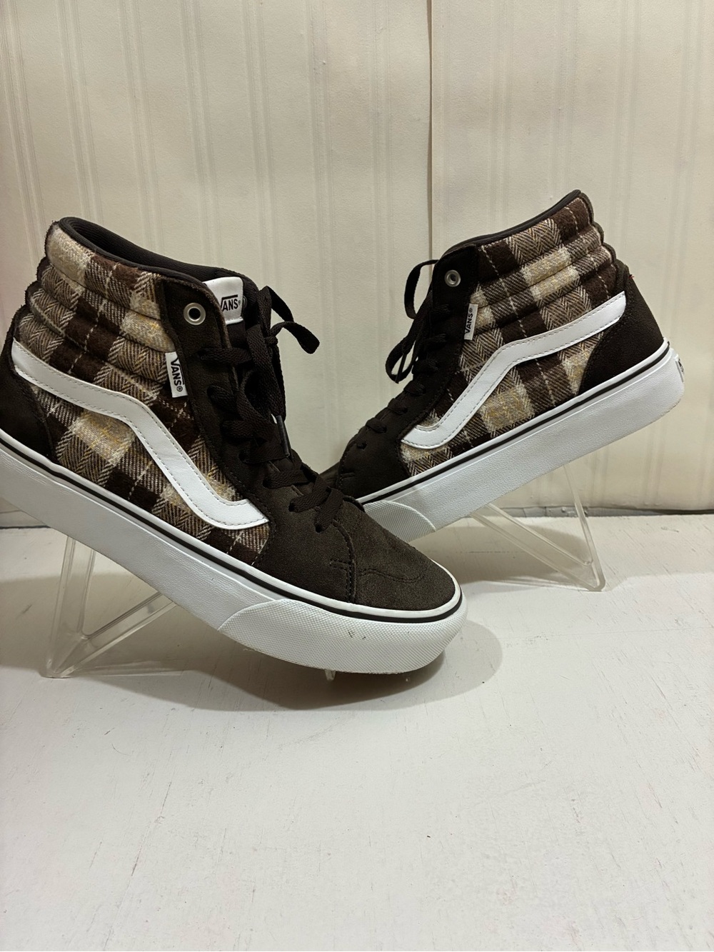 Vans Brown Plaid High-Top Sneakers with White Side Stripe